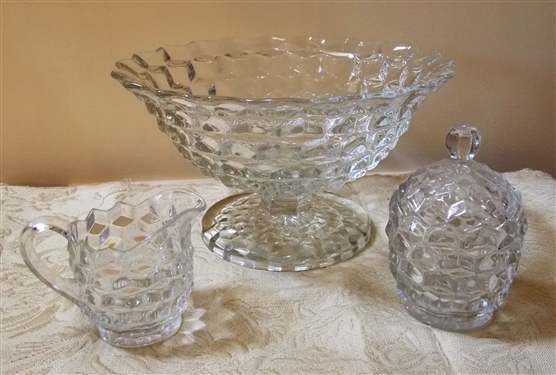 American Fostoria Footed Fruit Bowl and Cream and Sugar Set - Bowl Measures 7 1/2" tall 13" Across Pitcher is 4 1/2" tall 