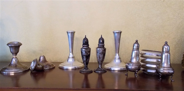 Lot of Weighted Sterling Silver Items including Candle Holders, Salt and Peppers, and Coasters - 3 1/2" Candle Sticks are Broken, Footed Shaker is Broken also- Other Salt and Peppers are Not Weighted 