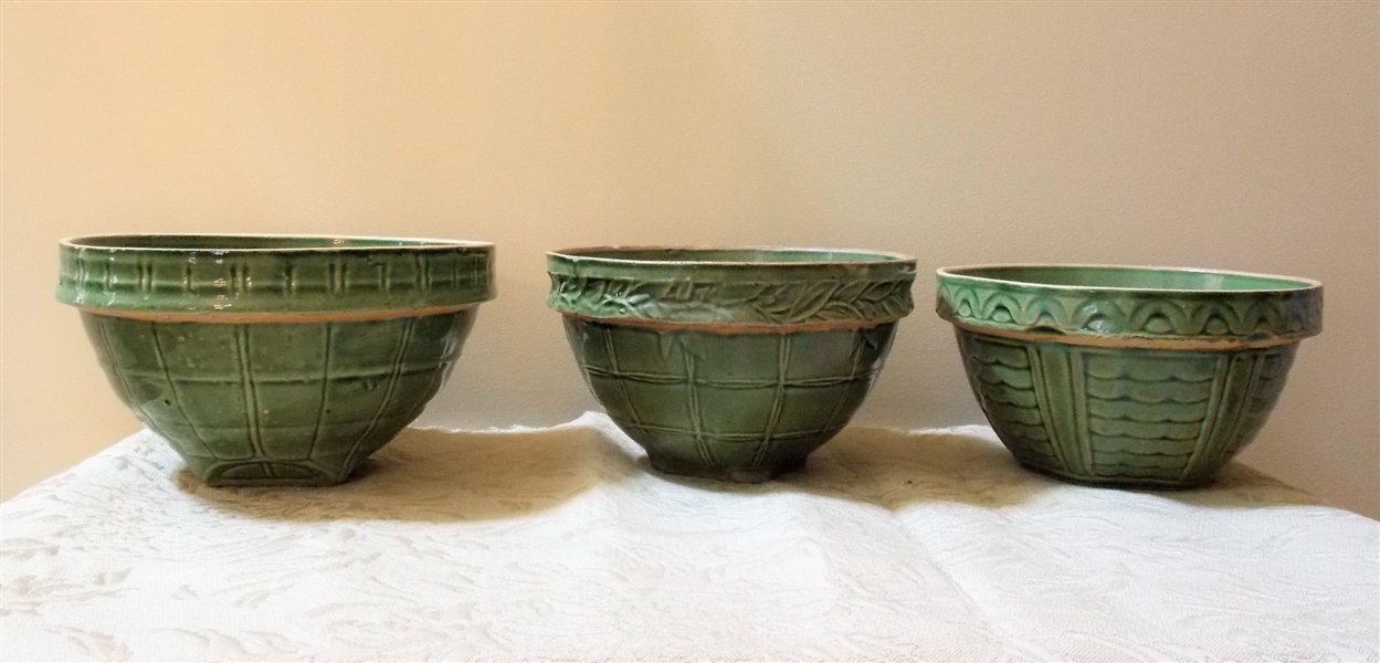 3 Green Stone Mixing Bowls - 2 Measures 9" Across - Bowl with Square Patter Measures 9 3/4" Across