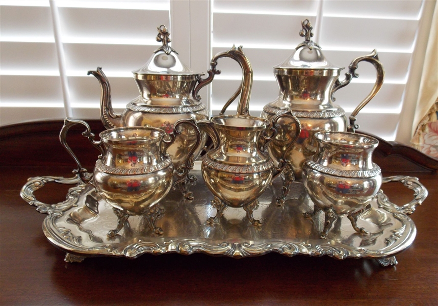Windsor Silverplate Tea Service 5 Pieces with Tray - Floral Finials on Tops 