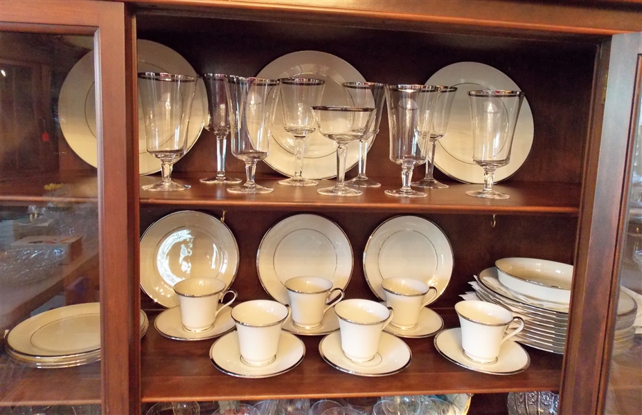 34 Piece Set of Lenox "Solitaire" China and 10 Lenox Platinum Trimmed Glasses 
