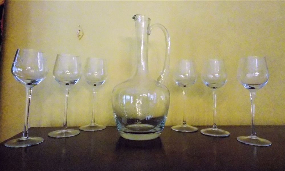 Floral Etched Pitcher and 6 Wine Glasses Set - Pitcher Measures 11 3/4" Wine Measures 7 1/2" tall 