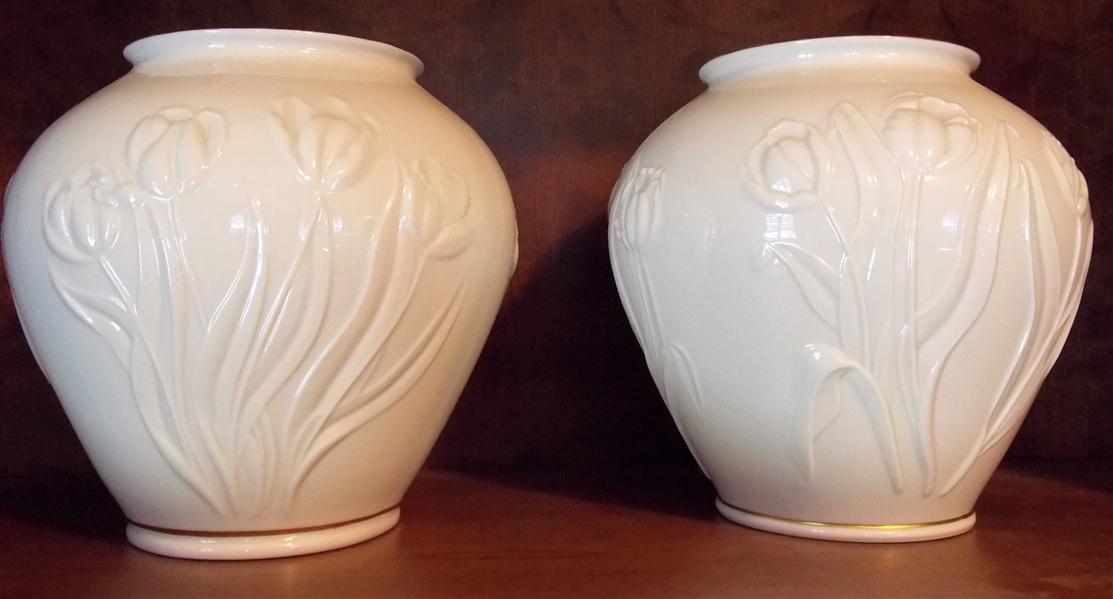 Pair of Lenox Vases with Tulips Measures 7" tall 