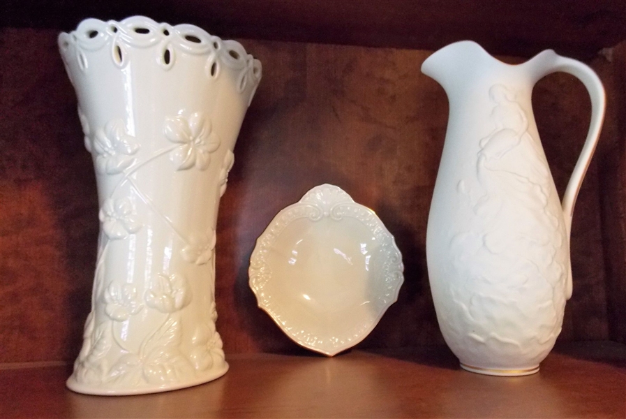 Lenox Bell Flower Vase, Lenox "Her" Pitcher, and Small Lenox Dish - Vase Measures 10"