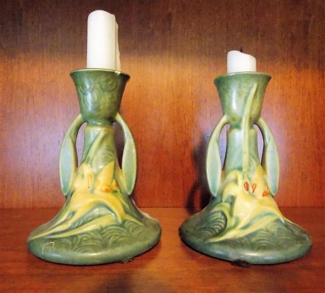 Pair of Roseville Candle Sticks - 1153 - 4 1/2 - 1 is Chipped on Top Edge