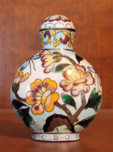 Cloisonne Snuff Bottle with Stopper -Floral Butterflies - Measures 2 1/2" tall