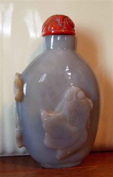 Gray Agate Snuff Bottle -Spade Form with Carp and Lotus Branch - Measures 3" Tall 