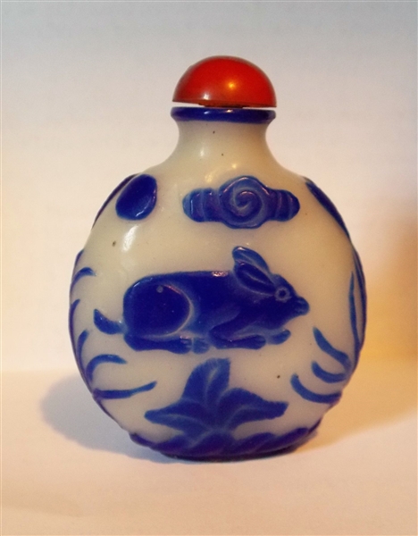 Milk Glass Snuff Bottle with Blue Overlay of Rabbits and Flowers - Measures 2 3/4" Tall 