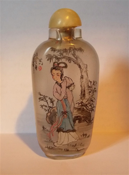 Reverse Painted Glass Snuff Bottle with Figure on Both Sides Measures 3 1/4" Tall 
