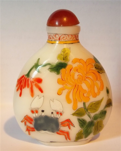 Milk Glass Snuff Bottle with Enamel Painted Sea Life and Flowers Measures 2 3/4" Tall 