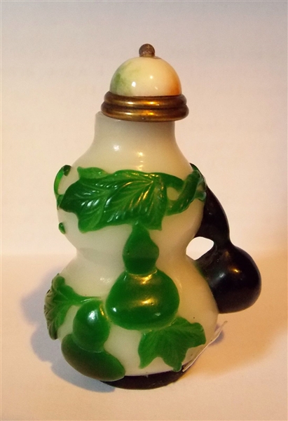 Milk Glass Snuff Bottle with Green Overlay of Leaves - Measures 2 1/2" tall 