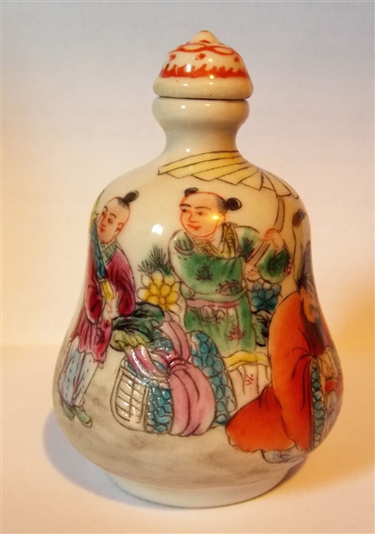 Porcelain Painted Snuff Bottle with 3 Figures and Bats - Writing on Reverse - Measures 2 3/4" Tall 