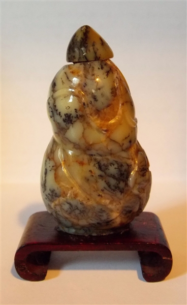 Carved Stone Bottle with Jade Stopper Measures 2" Tall 