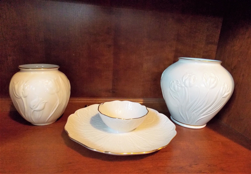 3 Pieces of Lenox including 7" Tulip Vase, 5 1/2" "Dance of The Tulips Vase" and 10" Chip and Dip 