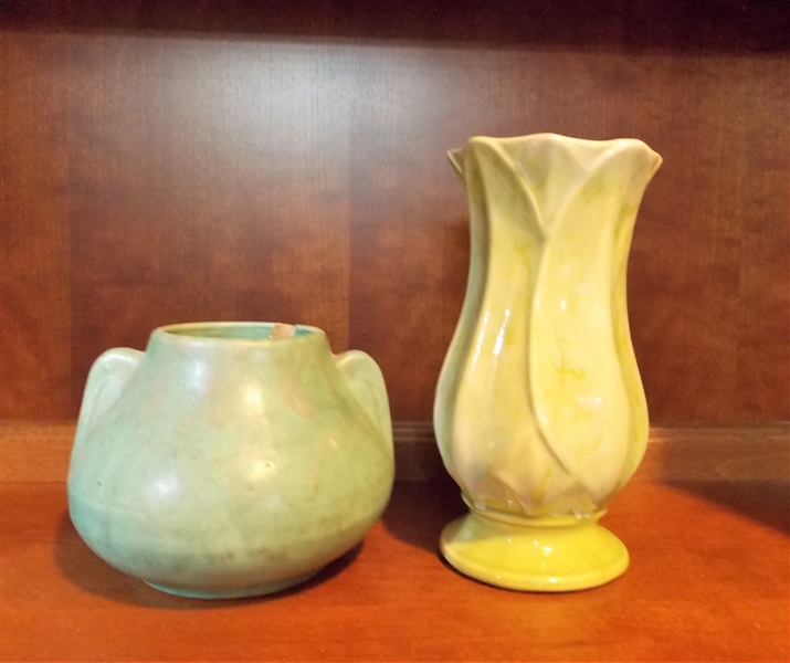 2 Pieces of Art Pottery including USA Green Vase 8 1/4" tall and Double Handled Vase with Chip - 5" Tall 
