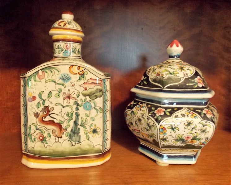 Hand Painted Portugal Bottle and Lidded Dish - Bottle Stopper Has Chip - Bottle Measures 10 1/2" Tall 