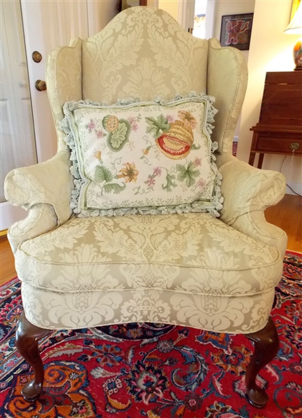 Southwood Furniture Hickory NC Queen Anne Style Wing Back Chair - Very Clean with Needlepoint Pillow - Chair Measures 47" tall 33" by 19"
