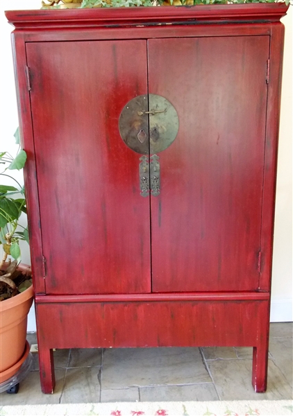Asian Style Red Grain Painted Cupboard - Measures 56 1/4" tall 36" by 18" Some Paint Loss -