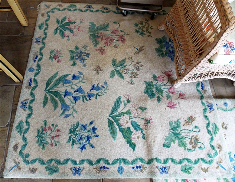 Floral Hook Rug with Bee, Butterfly, and Dragonfly Border - Measures 58 1/2" by 57 1/2"