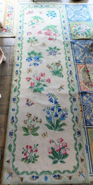 Floral Hook Rug Runner with Insect Border - Measures 29" by 94"