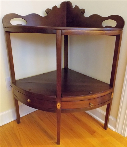 Mahogany Corner Shelf with 2 Drawers - Shield Inlay - Measures 36" tall 31" by 23"