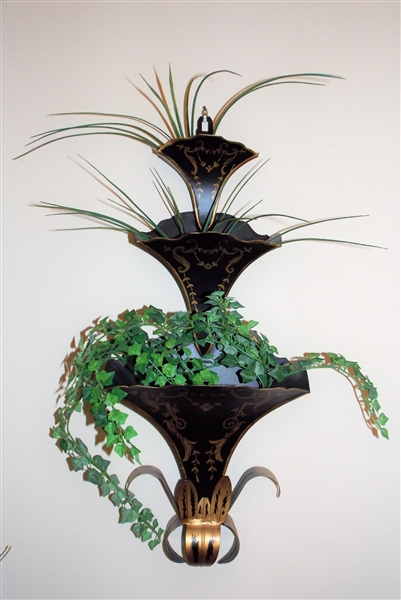 23" Black and Gold Towle Painted Metal Hanging Wall Vase 