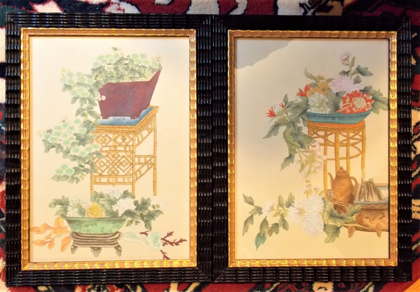 Pair of Asian Watercolor Paintings - Framed in Black Frames - Measuring 9 3/4" by 12 1/2" 