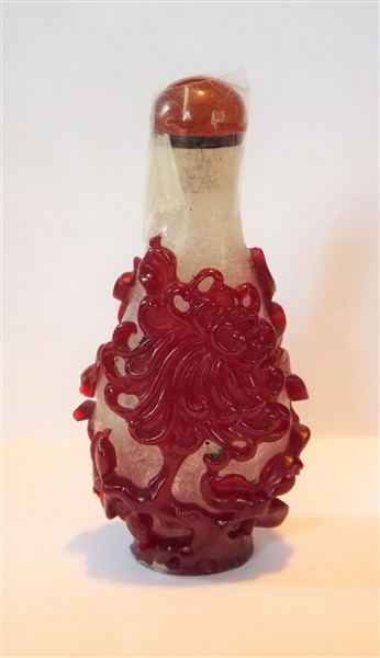 Glass Overlay Snuff Bottle with Maroon Overlay Carved with Flowers - Measures 2 3/4" Tall 