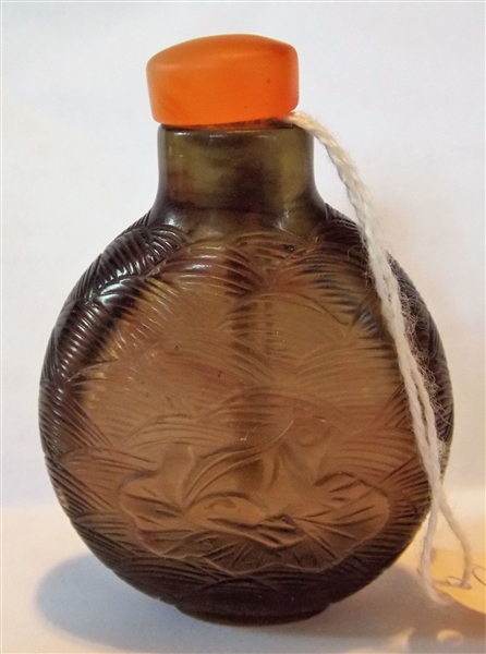 Translucent Brown Glass Bottle Glass Snuff Bottle with Fish and Frog - Measures 2 3/4" tall - Spoon inside Has Separated From Top 