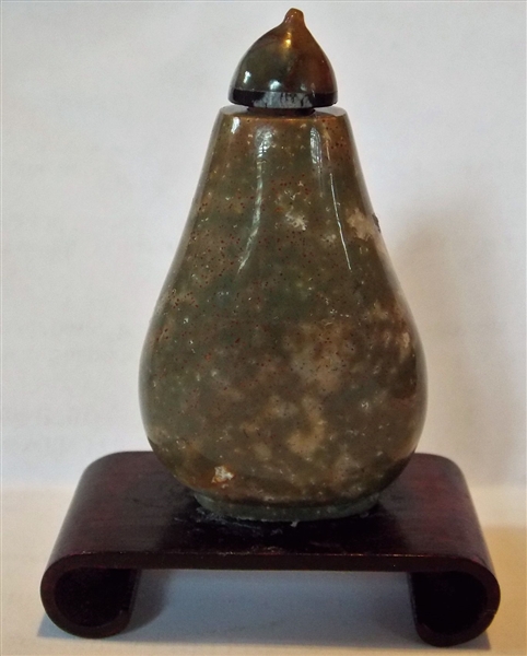 Bloodstone Snuff Bottle on Wood Stand - Measures 2 1/4" Tall Not Including Stand