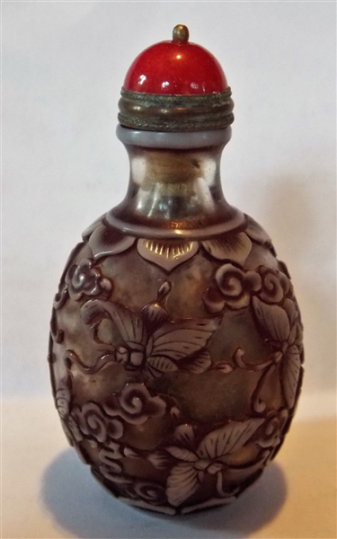 Early 1900s Glass Overlay Bottle with Flowers and Butterflies 2 3/4" tall 