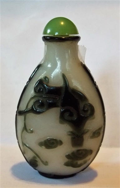 Peking Cameo Glass Bottle with Jade Stopper and Spoon - Green Dragon Design- Measures 2 3/4" tall 
