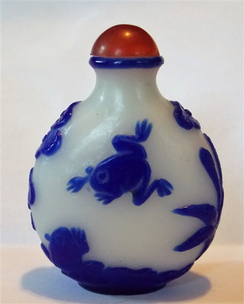 Milk Glass Snuff Bottle with Cobalt Blue Overlay of Frog, Dragonfly, and Flowers- Measuring 2 1/2" tall 