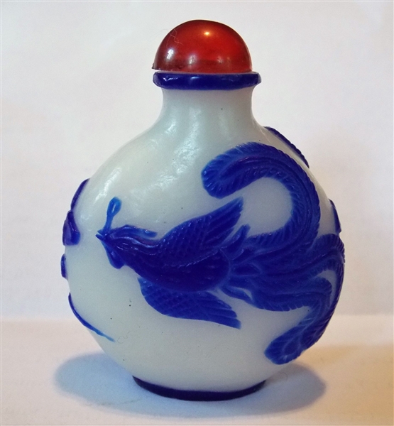 Milk Glass Snuff Bottle with Cobalt Blue Overlay - Measures 2 1/2" Tall 