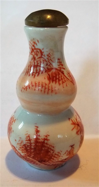 Porcelain Gourd Shaped Snuff Bottle with Rust Colored Transferware Landscape - Jade Stopper - Measures 2 3/4"