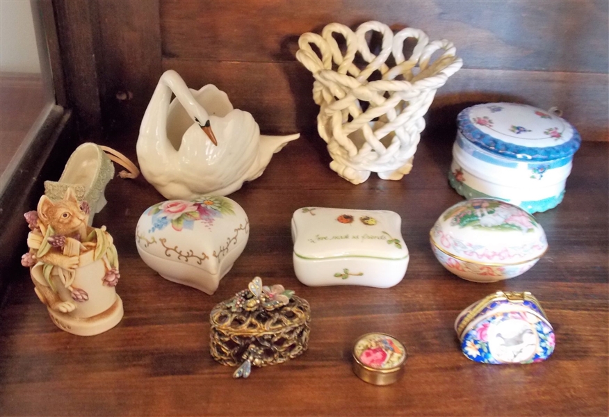 Shelf Lot including 8 Trinket Boxes, Swan Planter, and Pierced Vase- Egg is Lenox Easter Extravaganza 1992 