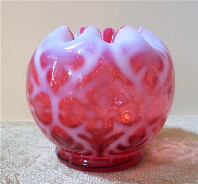Signed Fenton Cranberry  Rose Bowl - Measures 5" Tall 4 1/2" Across