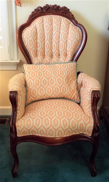 Flower Carved Parlor Chair with Nice Peach Upholstery - Measures 45" tall 26" by 20"