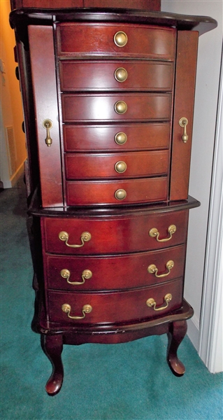 Queen Anne Style Mahogany Finish Jewelry Chest - 3 Drawers At Bottom - Top Section Has Lift Top Mirror and Opening Sides for Necklaces - Measures 40 1/2" tall 19" by 16"