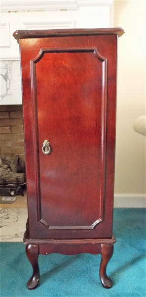 Queen Anne Style Mahogany Finish Jewelry Cabinet - Door Opens - 7 Drawers Inside - Door Holds Necklaces - Measures 40" tall 14" by 16 1/2"