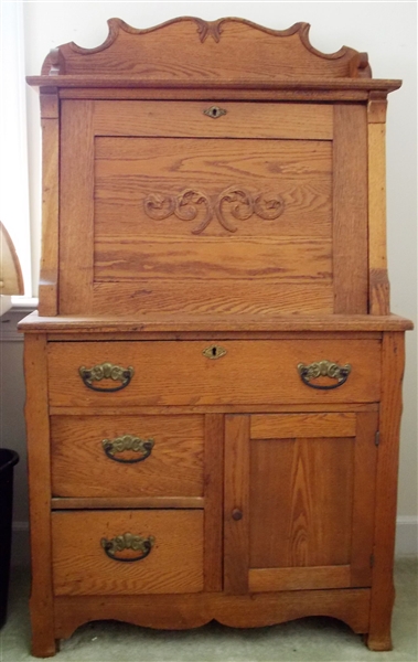 Oak Drop Front Secretary - Divided Interior - Measures - 52 3/4" tall 30" by 16 1/4"