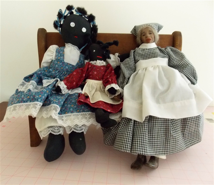 Lot of Black Dolls with Wood Doll Bench - Bench Measures 11" tall 15 1/2" Long