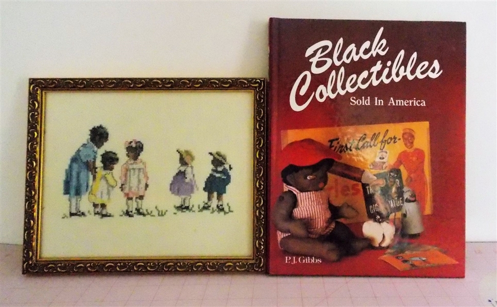 "Black Collectibles Sold in America" by P.J. Gibbs Hard Cover Book and Needle Point Picture  - Framed Measuring 8 3/4" by 10 3/4"
