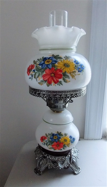 White Glass Table Lamp with Painted Flowers - Metal Base - Measures 19" Tall  