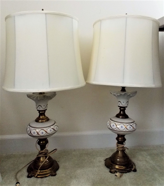 Pair of White and Gold Painted Lamps with Metal Bases - 30" tall