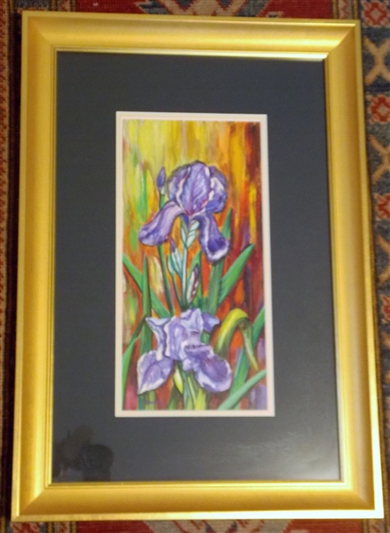 Artist Signed Painting of an Iris - Framed and Matted - Frame Measures 24 1/4" by 17"
