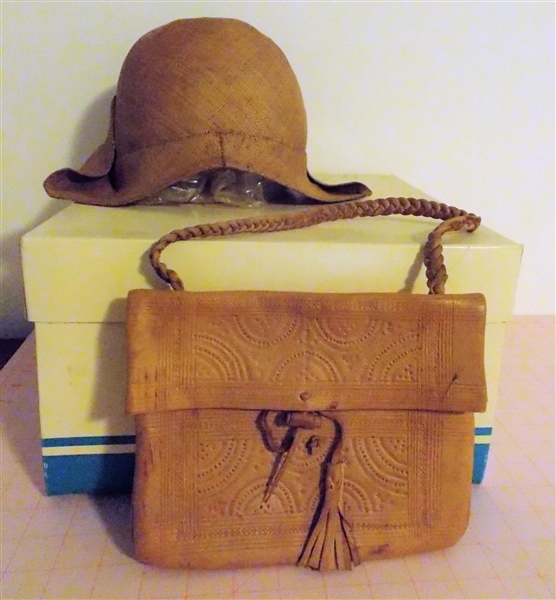 Vintage Ladies Straw Hat and Matching Leather Purse