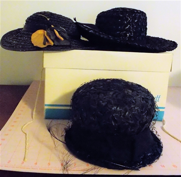 3 Vintage Ladies Black and Navy Straw Hats 