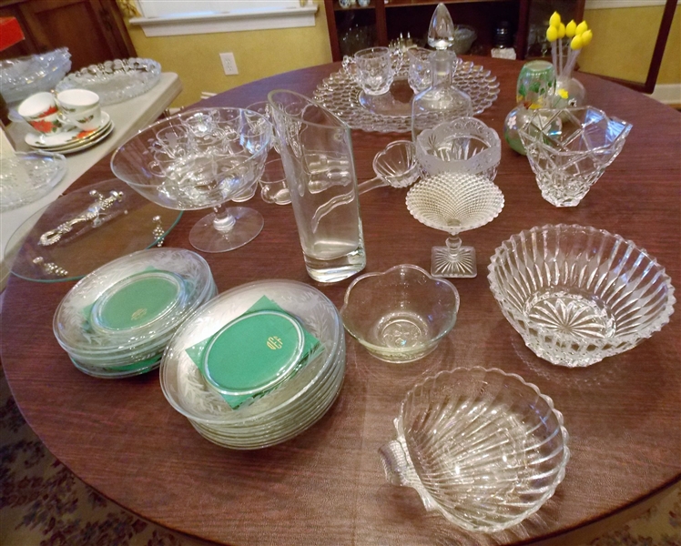 Table Lot of Glassware including Etched Decanter, Princess House Footed Bowl, Vases, Hand Painted Water Bottle, Platter, and More 