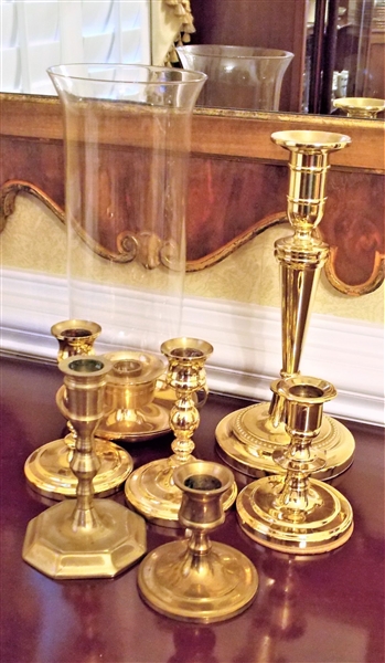 Lot of 7 Brass Candle Sticks including Baldwin Smithsonian Institution 10"